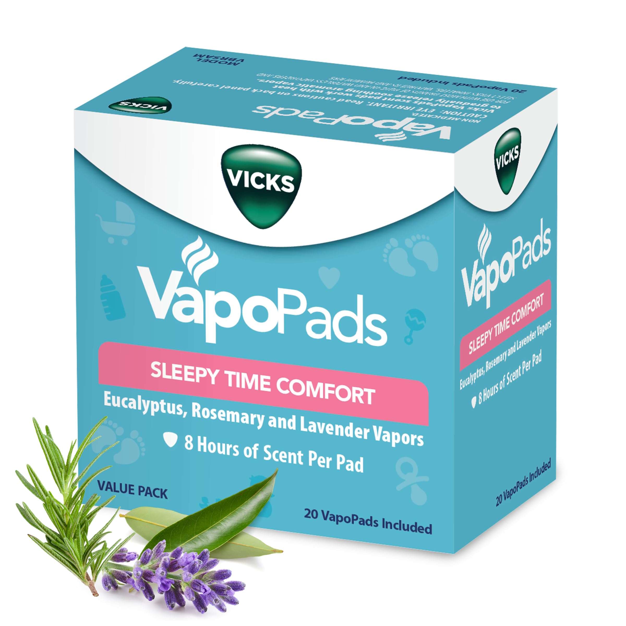 Vicks VapoPads Sleepy Time Comfort - Vapor Pads Refill for Vicks Humidifiers and Steam Inhalers - Rosemary, Lavender, and Eucalyptus, 20-Pack, Box Color May Vary - Image 1