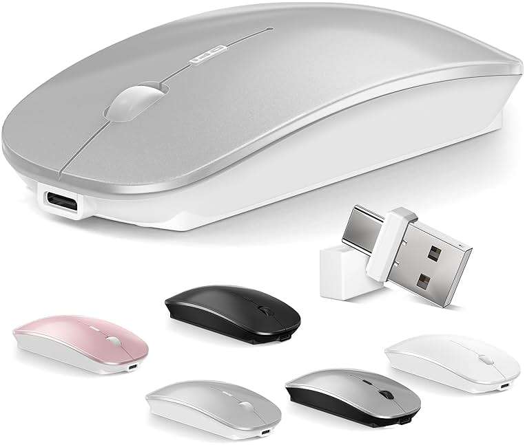 Mouse for MacBook Wireless Bluetooth Mouse Laptop MacBook Air Mac Pro Rechargeable Silent PC iPad Optical Mouse with Dual Mode Switch Bluetooth 5.2/3.0 and 2.4GHz USB Type-C Receiver Silvery - Image 1