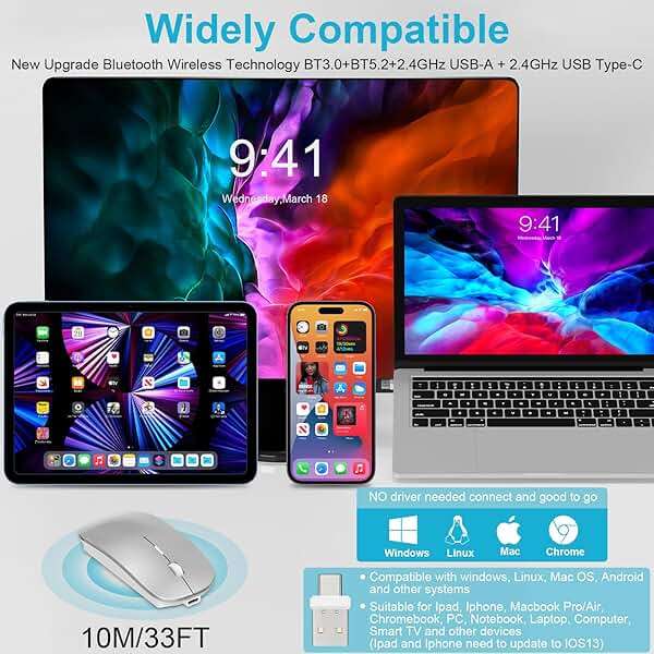 Mouse for MacBook Wireless Bluetooth Mouse Laptop MacBook Air Mac Pro Rechargeable Silent PC iPad Optical Mouse with Dual Mode Switch Bluetooth 5.2/3.0 and 2.4GHz USB Type-C Receiver Silvery - Image 2