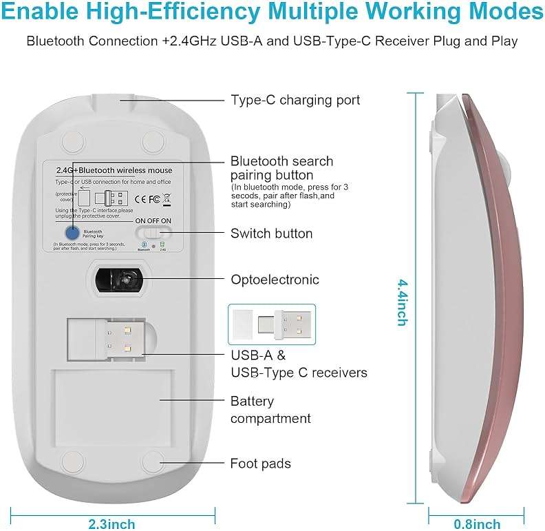 Mouse for MacBook Wireless Bluetooth Mouse Laptop MacBook Air Mac Pro Rechargeable Silent PC iPad Optical Mouse with Dual Mode Switch Bluetooth 5.2/3.0 and 2.4GHz USB Type-C Receiver Silvery - Image 4