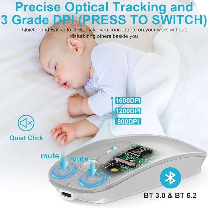 Mouse for MacBook Wireless Bluetooth Mouse Laptop MacBook Air Mac Pro Rechargeable Silent PC iPad Optical Mouse with Dual Mode Switch Bluetooth 5.2/3.0 and 2.4GHz USB Type-C Receiver Silvery - Image 5