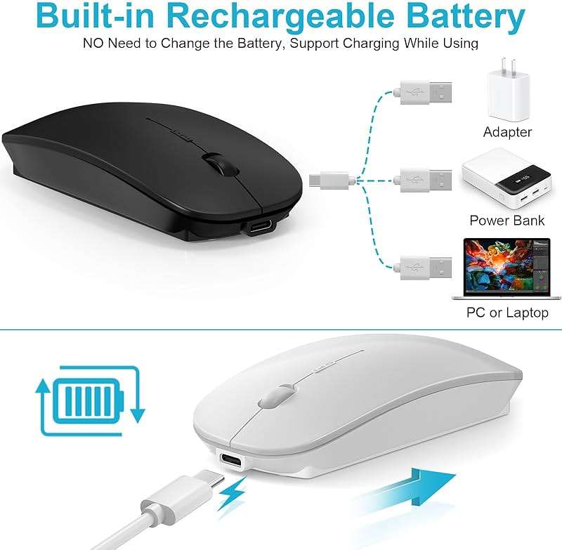 Mouse for MacBook Wireless Bluetooth Mouse Laptop MacBook Air Mac Pro Rechargeable Silent PC iPad Optical Mouse with Dual Mode Switch Bluetooth 5.2/3.0 and 2.4GHz USB Type-C Receiver Silvery - Image 6