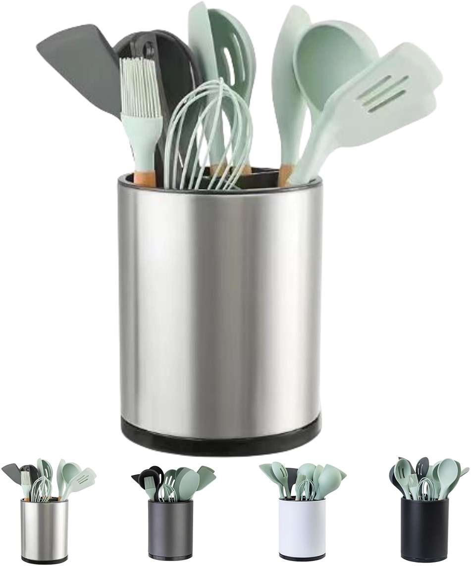 LIBODOUR Kitchen Utensil Holder Extra Large 360°Rotating For Counter Organizer Stainless Steel Storage Cooking Silverware Caddy 3 Compartment Flatware Spoon Spatula Tool Cutlery Container（Silvery） - Image 1
