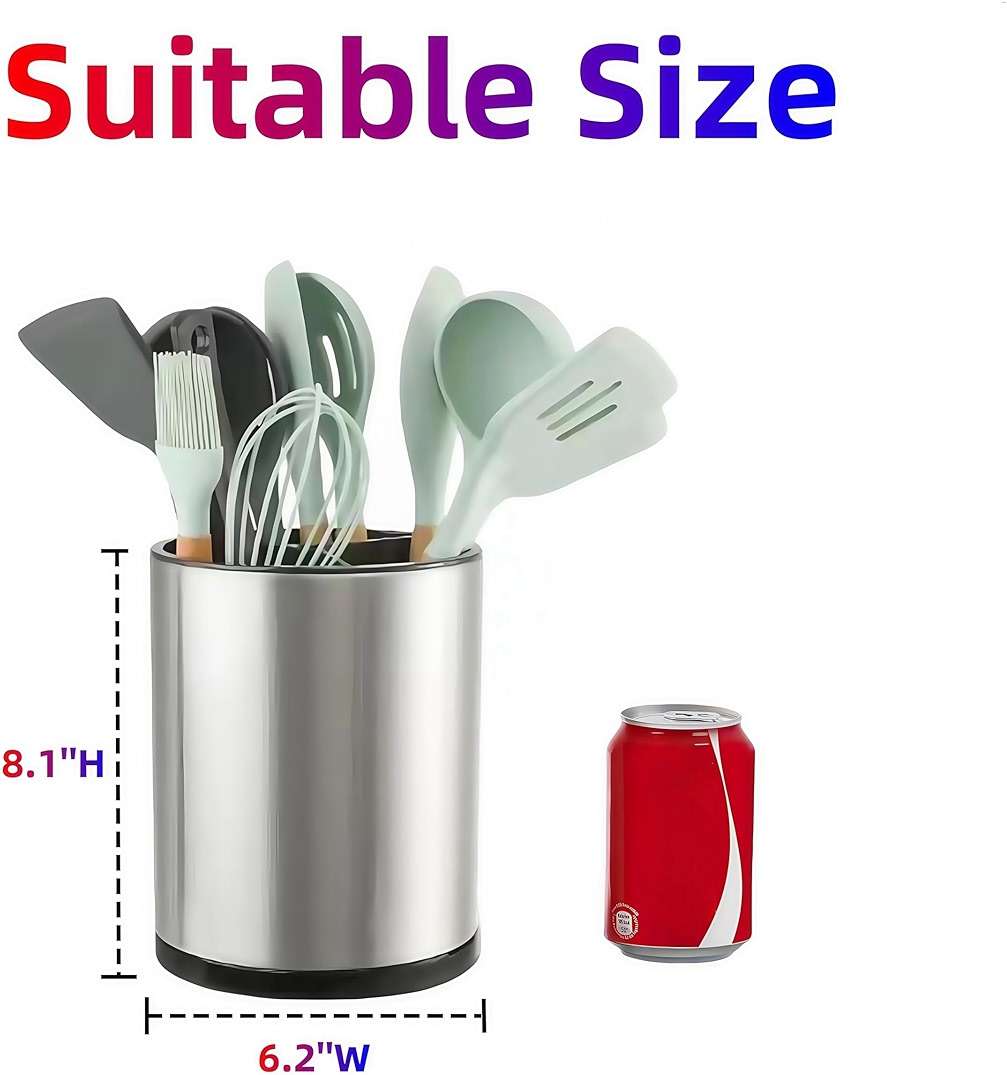 LIBODOUR Kitchen Utensil Holder Extra Large 360°Rotating For Counter Organizer Stainless Steel Storage Cooking Silverware Caddy 3 Compartment Flatware Spoon Spatula Tool Cutlery Container（Silvery） - Image 3