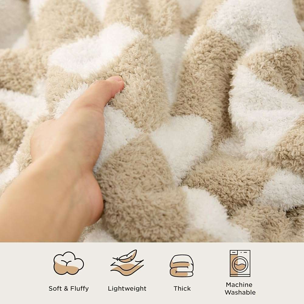 Bedsure Beige Throw Blanket for Couch, Cozy Soft Checkered Blanket, Lightweight Warm Knit Fluffy Throw Blankets for Bed Sofa, Camping, Picnic, Travel, Gifts for Women Men, 50x60 Inches - Image 3