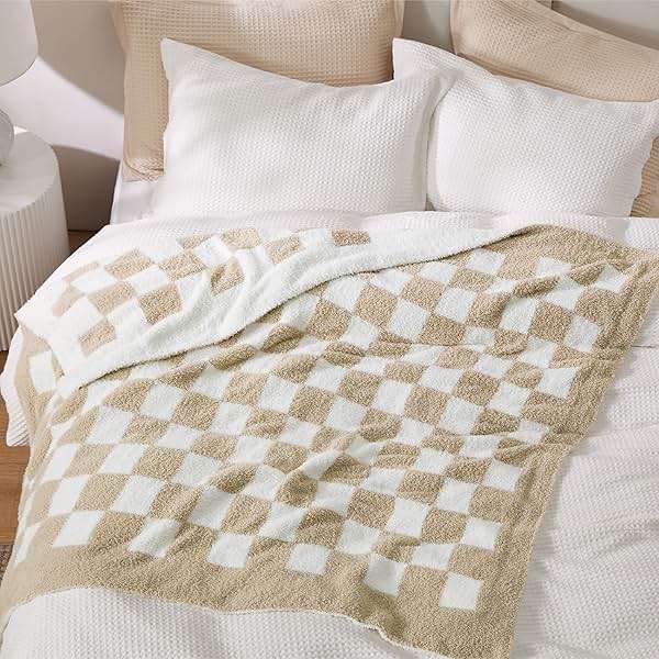 Bedsure Beige Throw Blanket for Couch, Cozy Soft Checkered Blanket, Lightweight Warm Knit Fluffy Throw Blankets for Bed Sofa, Camping, Picnic, Travel, Gifts for Women Men, 50x60 Inches - Image 5