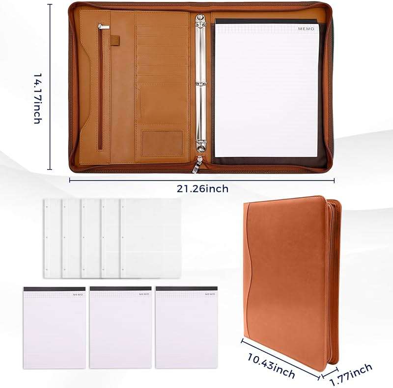 Sbrinnaliao Padfolio Portfolio Folder Binder-Organizer Planner Notebook Zippered Portfolio Padfolio for Women & Men with Document Sleeve,Letter/A4 Size Clipboard,Business Card Holders (Brown-3) - Image 2