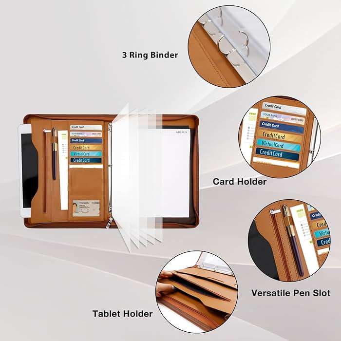 Sbrinnaliao Padfolio Portfolio Folder Binder-Organizer Planner Notebook Zippered Portfolio Padfolio for Women & Men with Document Sleeve,Letter/A4 Size Clipboard,Business Card Holders (Brown-3) - Image 5