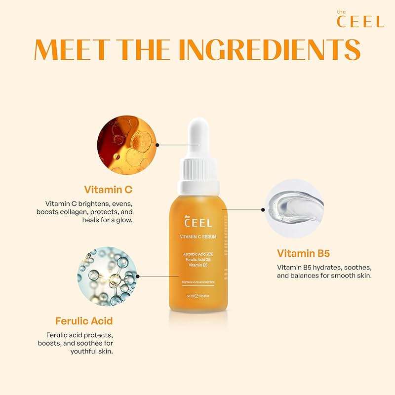 The Ceel 20% Vitamin C Brightening Anti-Aging Serum for Face with Ascorbic, Ferulic Acid & Vitamin B5 - Paraben & Perfume Free Skin Care Formula for Hydration, Wrinkles, Dark Spots, & Radiance - 30ml - Image 7