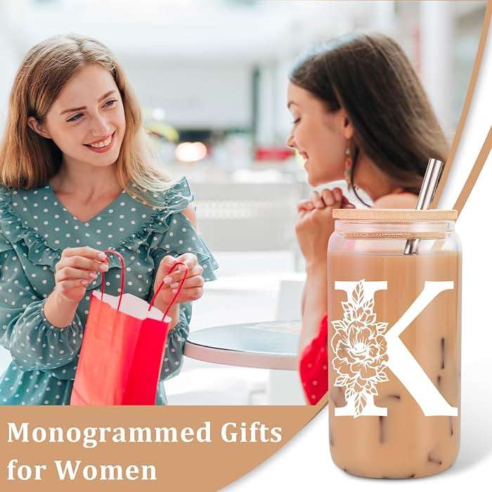 Coolife Initial Glass Cup, Monogrammed Gifts for Women, 16 oz Glass Cups w/Lids Straws, Iced Coffee Smoothie Beer Tumbler w/Straw Lid - Personalized Christmas, Birthday Gifts for Her Mom Friend Woman - Image 4