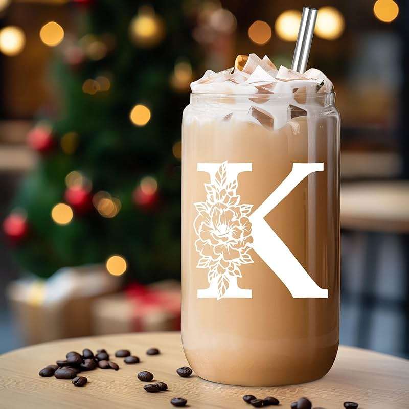 Coolife Initial Glass Cup, Monogrammed Gifts for Women, 16 oz Glass Cups w/Lids Straws, Iced Coffee Smoothie Beer Tumbler w/Straw Lid - Personalized Christmas, Birthday Gifts for Her Mom Friend Woman - Image 7