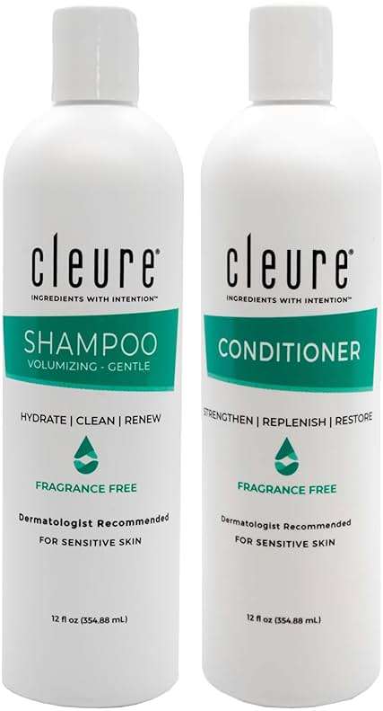 Cleure Shampoo and Conditioner Set Sulfate Free, Fragrance Free for Sensitive Skin - Volumizing Shampoo & Hydrating Conditioner (12 Oz each, Pack of 2) - Image 1