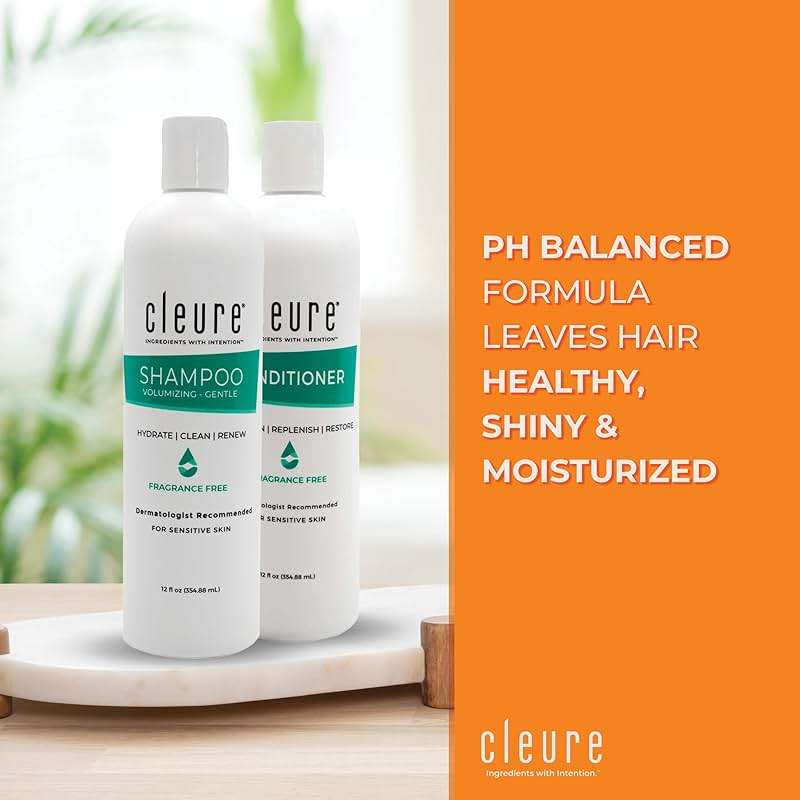 Cleure Shampoo and Conditioner Set Sulfate Free, Fragrance Free for Sensitive Skin - Volumizing Shampoo & Hydrating Conditioner (12 Oz each, Pack of 2) - Image 2