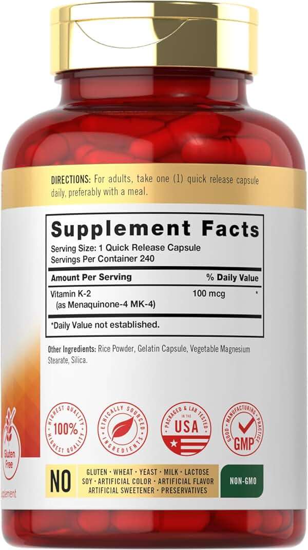 Carlyle Vitamin K2 Supplement 100 mcg | K2 MK-4 | 240 Capsules | Non-GMO & Gluten Free - Image 2