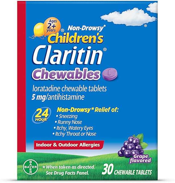 Children's Claritin Chewables 24 Hour Allergy Relief, Non Drowsy Kids Allergy Medicine, Grape Antihistamine Chewable Tablets, 30 Count - Image 1
