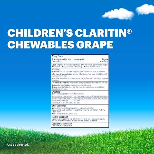 Children's Claritin Chewables 24 Hour Allergy Relief, Non Drowsy Kids Allergy Medicine, Grape Antihistamine Chewable Tablets, 30 Count - Image 8