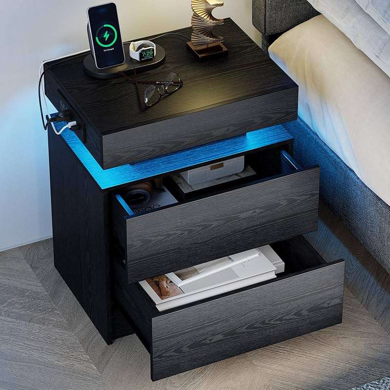 LIKIMIO Night Stand with Charging Station, Modern Black Nightstand with LED Light and Drawers, Bedside Tables/End Table for Bedroom - Image 1