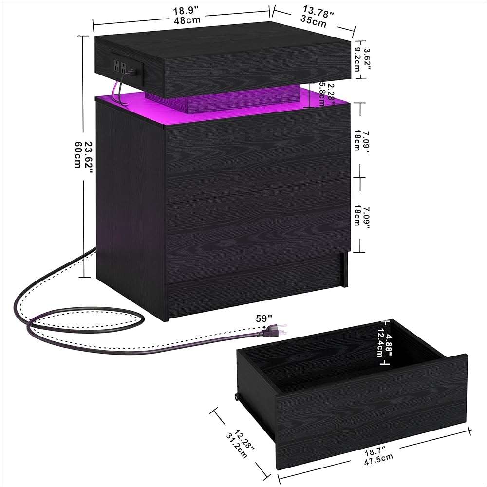 LIKIMIO Night Stand with Charging Station, Modern Black Nightstand with LED Light and Drawers, Bedside Tables/End Table for Bedroom - Image 2