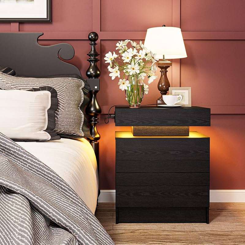 LIKIMIO Night Stand with Charging Station, Modern Black Nightstand with LED Light and Drawers, Bedside Tables/End Table for Bedroom - Image 3