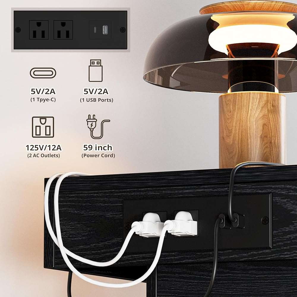 LIKIMIO Night Stand with Charging Station, Modern Black Nightstand with LED Light and Drawers, Bedside Tables/End Table for Bedroom - Image 5