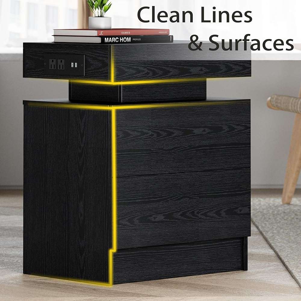 LIKIMIO Night Stand with Charging Station, Modern Black Nightstand with LED Light and Drawers, Bedside Tables/End Table for Bedroom - Image 7