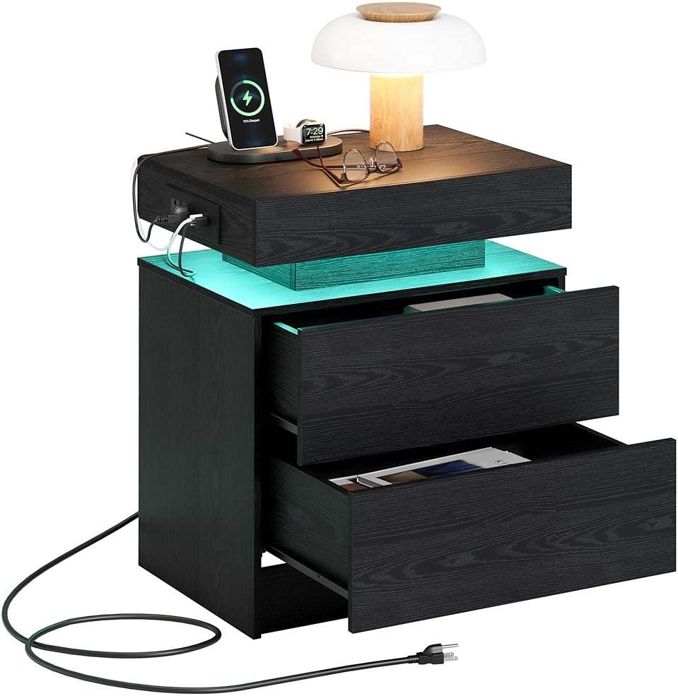 LIKIMIO Night Stand with Charging Station, Modern Black Nightstand with LED Light and Drawers, Bedside Tables/End Table for Bedroom - Image 8