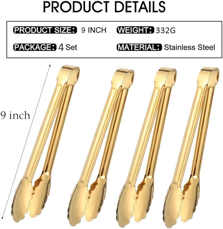IAXSEE 4 PCS Serving Tongs Gold Tongs 9 Inch Serving Utensils Stainless Steel Serving Tongs for Salad Buffet Appetizer Dessert Tong for Food Parties (9 INCH, gold) - Image 3