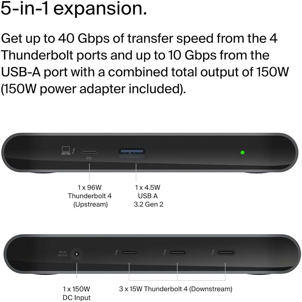 Belkin Connect Thunderbolt 4 Docking Station, 5-in-1 USB-C Multiport Core Hub w/ 96W Power Delivery for Mac, Windows, Single 8K or Dual 4K Display, Thunderbolt 4 Cable & Power Supply Included - Image 2