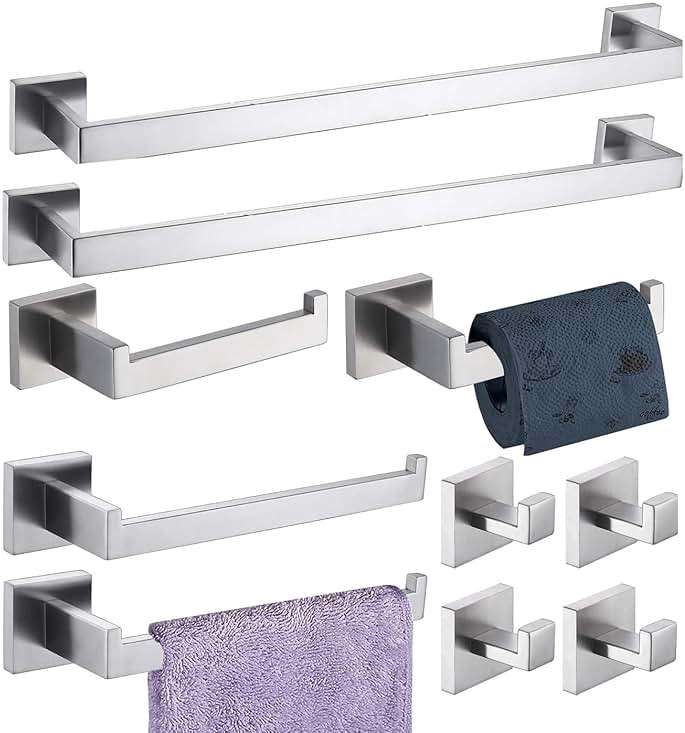 Bathroom Hardware Set 10 Piece Brush Nickel Bathroom Accessories Set SUS304 Towel Bar Set Includes 2 Towel Bar 24 Inch+2 Towel Holder+2 Toilet Paper Holder+4 Towel Hooks (10, Brushed Nickel, 24 Inch) - Image 1