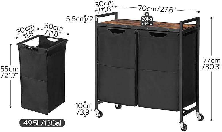HOOBRO Laundry Hamper, Laundry Sorter 2 Section, 2 × 13 Gal (49.5L), Laundry Basket with Wheels, Rolling Cart, Pull-Out and Removable Oxford Fabric Bags, Rustic Brown and Black BF72XY01 - Image 2