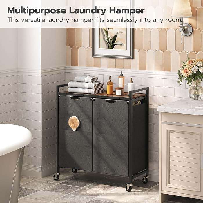 HOOBRO Laundry Hamper, Laundry Sorter 2 Section, 2 × 13 Gal (49.5L), Laundry Basket with Wheels, Rolling Cart, Pull-Out and Removable Oxford Fabric Bags, Rustic Brown and Black BF72XY01 - Image 3