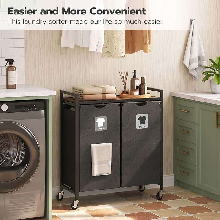 HOOBRO Laundry Hamper, Laundry Sorter 2 Section, 2 × 13 Gal (49.5L), Laundry Basket with Wheels, Rolling Cart, Pull-Out and Removable Oxford Fabric Bags, Rustic Brown and Black BF72XY01 - Image 5