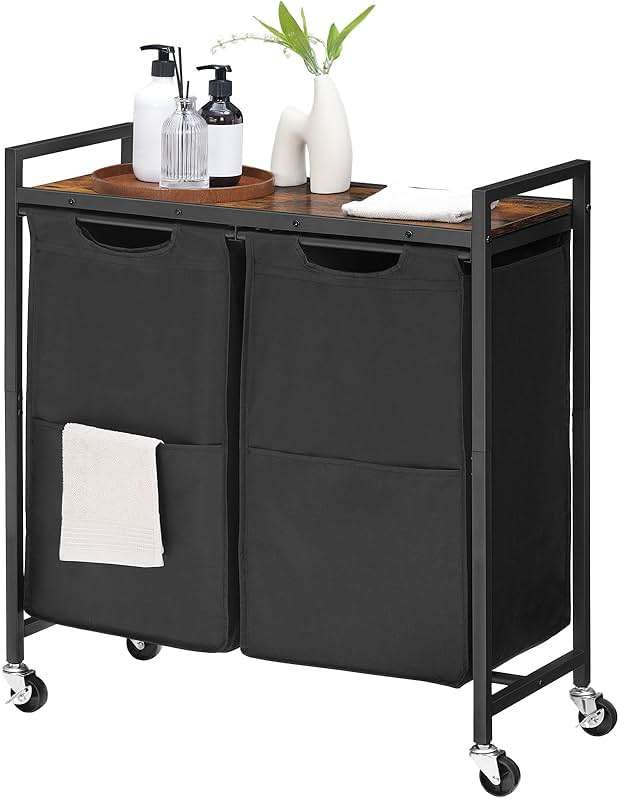HOOBRO Laundry Hamper, Laundry Sorter 2 Section, 2 × 13 Gal (49.5L), Laundry Basket with Wheels, Rolling Cart, Pull-Out and Removable Oxford Fabric Bags, Rustic Brown and Black BF72XY01 - Image 7