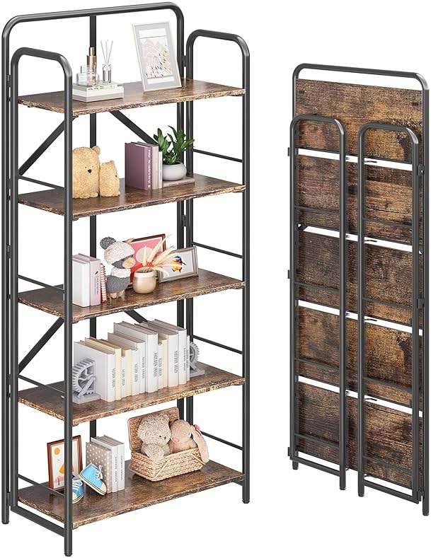 4NM No Assembly Folding Bookshelf, 5 Tiers Collapsible Book Shelves Open Industrial Foldable Storage Bookcase Shelf for Bedroom, Living Room, Home Office - Rustic Brown and Black - Image 1