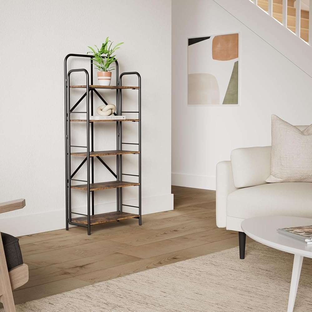 4NM No Assembly Folding Bookshelf, 5 Tiers Collapsible Book Shelves Open Industrial Foldable Storage Bookcase Shelf for Bedroom, Living Room, Home Office - Rustic Brown and Black - Image 2