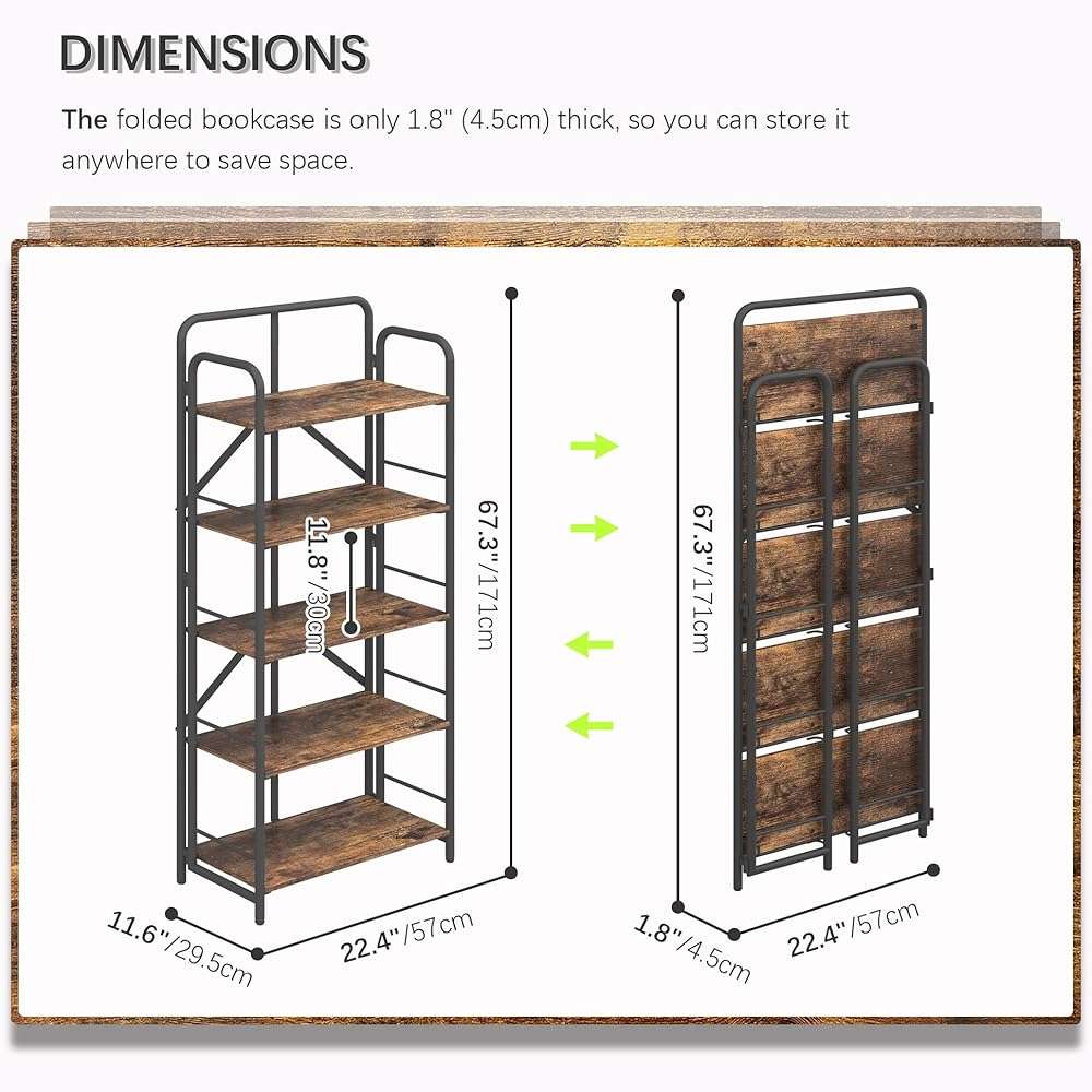 4NM No Assembly Folding Bookshelf, 5 Tiers Collapsible Book Shelves Open Industrial Foldable Storage Bookcase Shelf for Bedroom, Living Room, Home Office - Rustic Brown and Black - Image 3