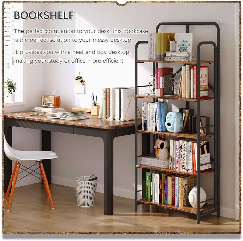 4NM No Assembly Folding Bookshelf, 5 Tiers Collapsible Book Shelves Open Industrial Foldable Storage Bookcase Shelf for Bedroom, Living Room, Home Office - Rustic Brown and Black - Image 4