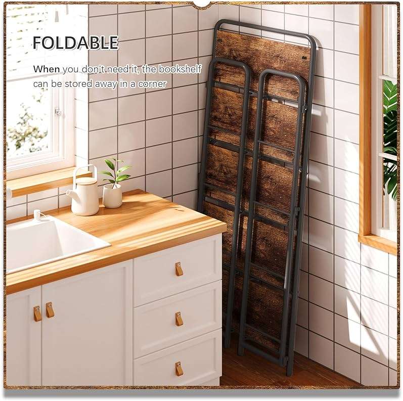 4NM No Assembly Folding Bookshelf, 5 Tiers Collapsible Book Shelves Open Industrial Foldable Storage Bookcase Shelf for Bedroom, Living Room, Home Office - Rustic Brown and Black - Image 6