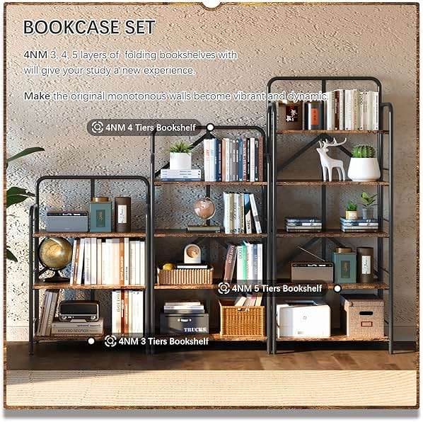 4NM No Assembly Folding Bookshelf, 5 Tiers Collapsible Book Shelves Open Industrial Foldable Storage Bookcase Shelf for Bedroom, Living Room, Home Office - Rustic Brown and Black - Image 7