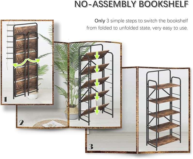 4NM No Assembly Folding Bookshelf, 5 Tiers Collapsible Book Shelves Open Industrial Foldable Storage Bookcase Shelf for Bedroom, Living Room, Home Office - Rustic Brown and Black - Image 8