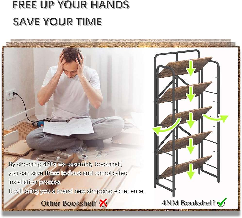 4NM No Assembly Folding Bookshelf, 5 Tiers Collapsible Book Shelves Open Industrial Foldable Storage Bookcase Shelf for Bedroom, Living Room, Home Office - Rustic Brown and Black - Image 9