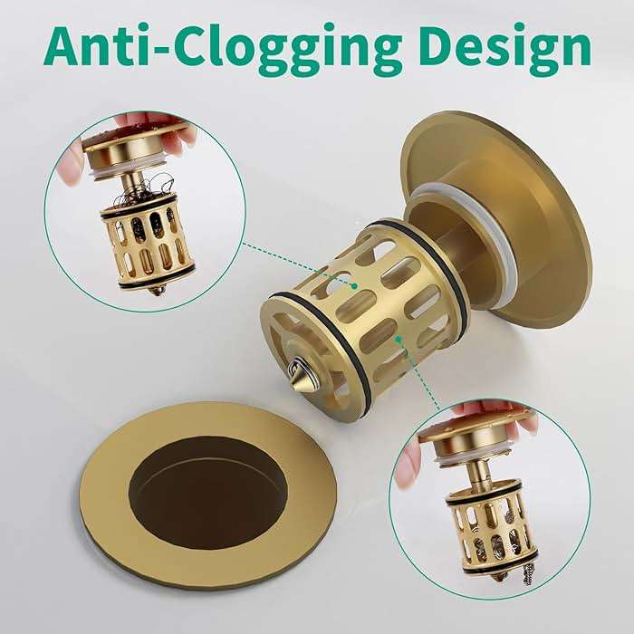 HEROBAI Bathroom Pop up Drain Without Overflow, Anti-Clogging Vessel Sink Drain Strainer, Pop Up Drain with Detachable Basket, Hair Catcher Bathroom Sink Drain Stopper(Brushed Gold, No Overflow) - Image 5