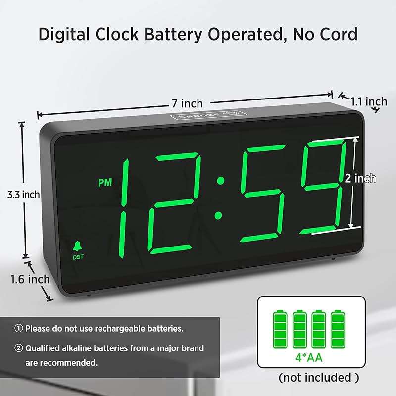 Peakeep Battery Operated Digital Alarm Clock for Bedrooms - Cordless Large Big Numbers 4 Dimmers, Auto Dimming for Seniors, Adjustable Volume Loud Alarm Clock for Heavy Sleepers Adults (Green Digits) - Image 2