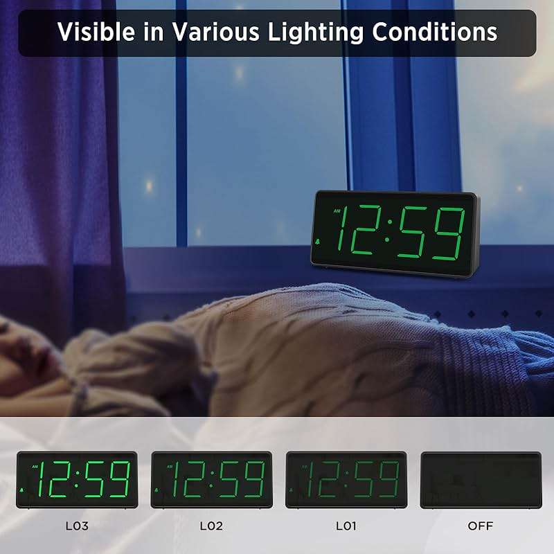 Peakeep Battery Operated Digital Alarm Clock for Bedrooms - Cordless Large Big Numbers 4 Dimmers, Auto Dimming for Seniors, Adjustable Volume Loud Alarm Clock for Heavy Sleepers Adults (Green Digits) - Image 3