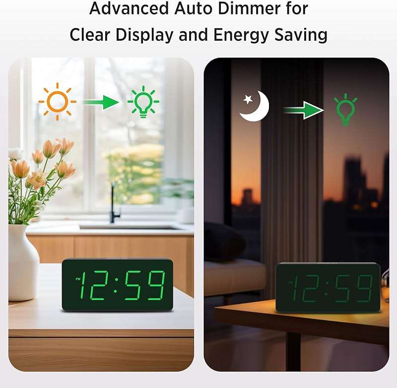 Peakeep Battery Operated Digital Alarm Clock for Bedrooms - Cordless Large Big Numbers 4 Dimmers, Auto Dimming for Seniors, Adjustable Volume Loud Alarm Clock for Heavy Sleepers Adults (Green Digits) - Image 4