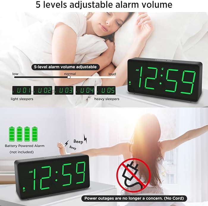 Peakeep Battery Operated Digital Alarm Clock for Bedrooms - Cordless Large Big Numbers 4 Dimmers, Auto Dimming for Seniors, Adjustable Volume Loud Alarm Clock for Heavy Sleepers Adults (Green Digits) - Image 5