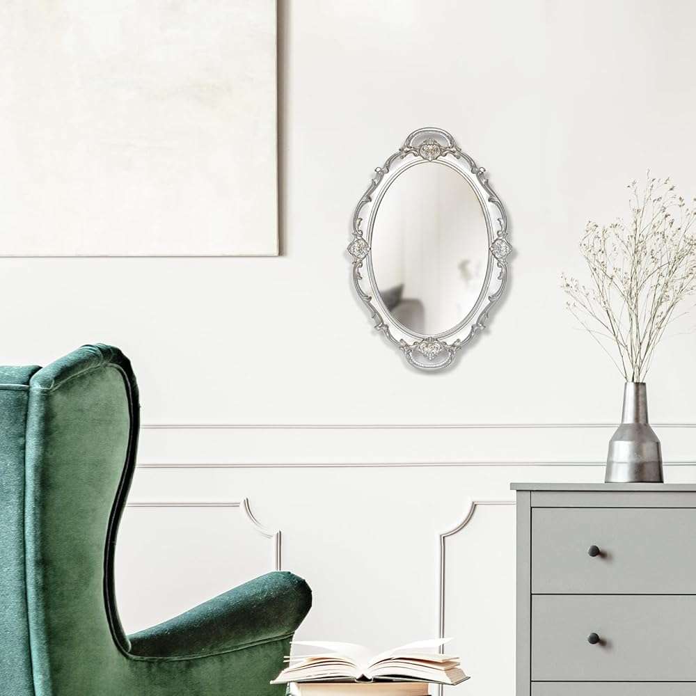 LONGWIN Vintage Oval Mirror for Wall Decor, Ornate Hanging Small Mirrors for Living Room/Bedroom, Perfume/Vanity Tray 10 x 14.5 Inch Silver - Image 2