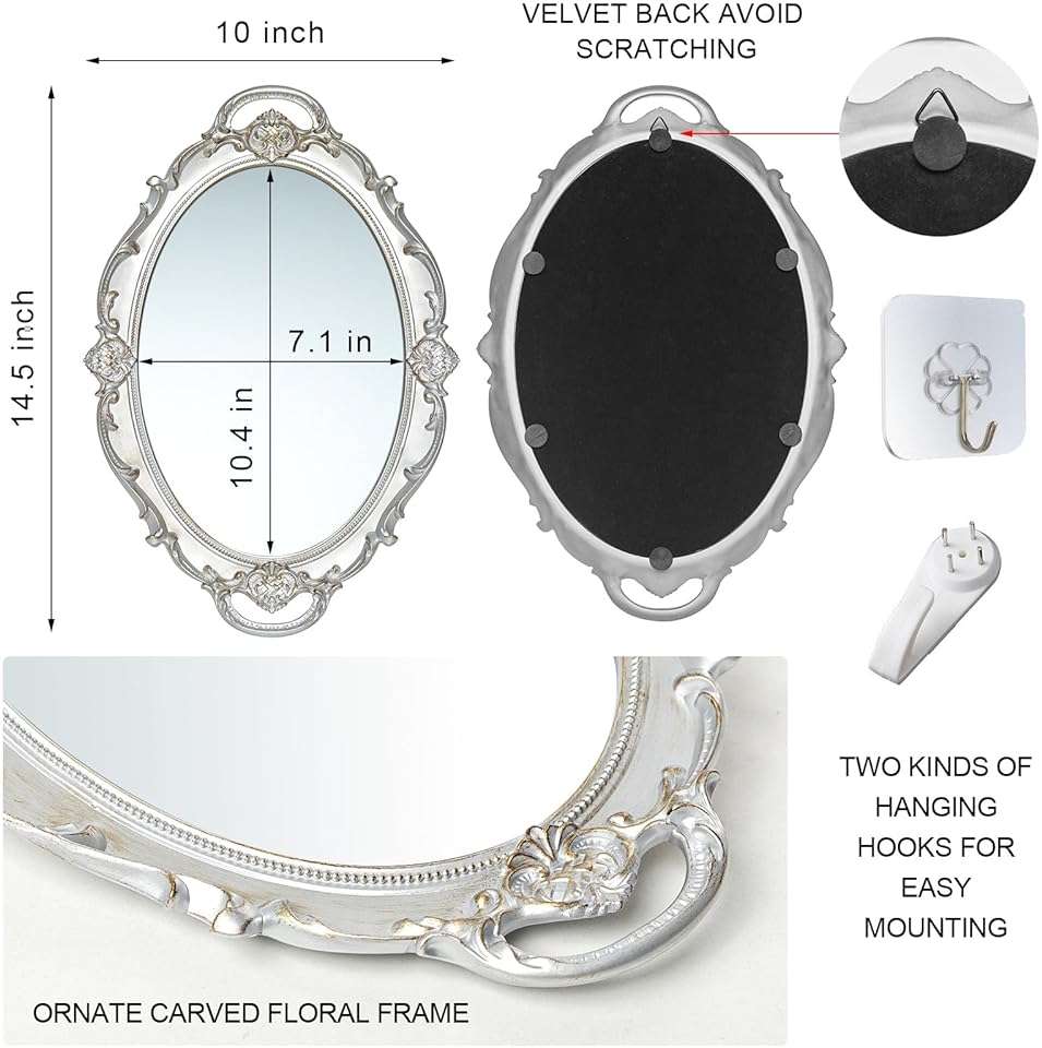 LONGWIN Vintage Oval Mirror for Wall Decor, Ornate Hanging Small Mirrors for Living Room/Bedroom, Perfume/Vanity Tray 10 x 14.5 Inch Silver - Image 3