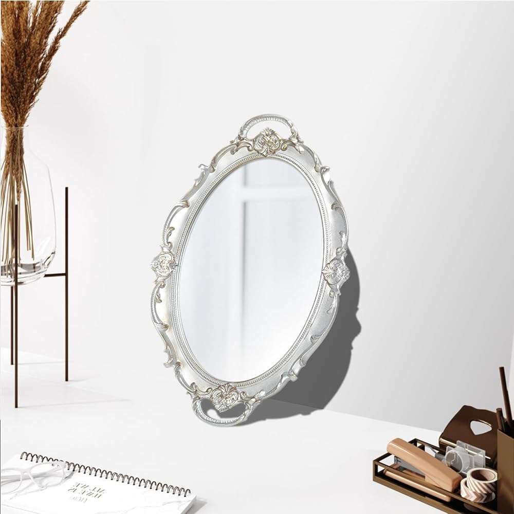 LONGWIN Vintage Oval Mirror for Wall Decor, Ornate Hanging Small Mirrors for Living Room/Bedroom, Perfume/Vanity Tray 10 x 14.5 Inch Silver - Image 5