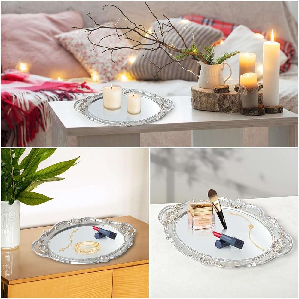 LONGWIN Vintage Oval Mirror for Wall Decor, Ornate Hanging Small Mirrors for Living Room/Bedroom, Perfume/Vanity Tray 10 x 14.5 Inch Silver - Image 6